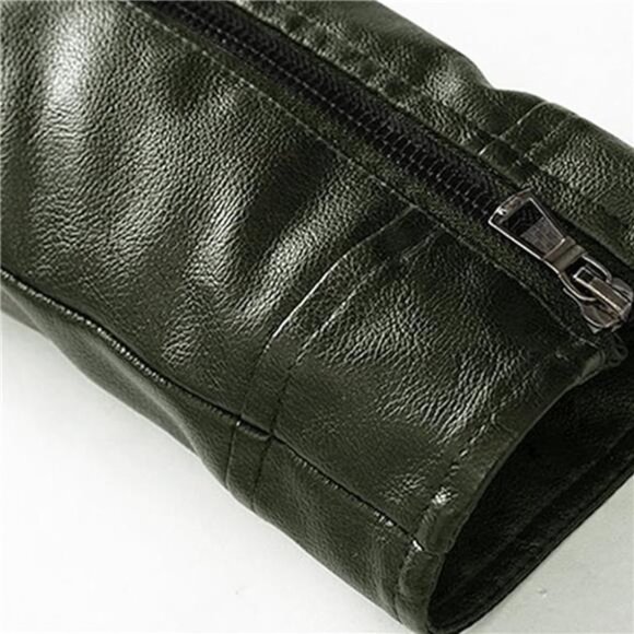 Army Green Faux Leather‎ Military Jacket Slim Fit Moto Biker Bomber Jacket Coat - Picture 6 of 9